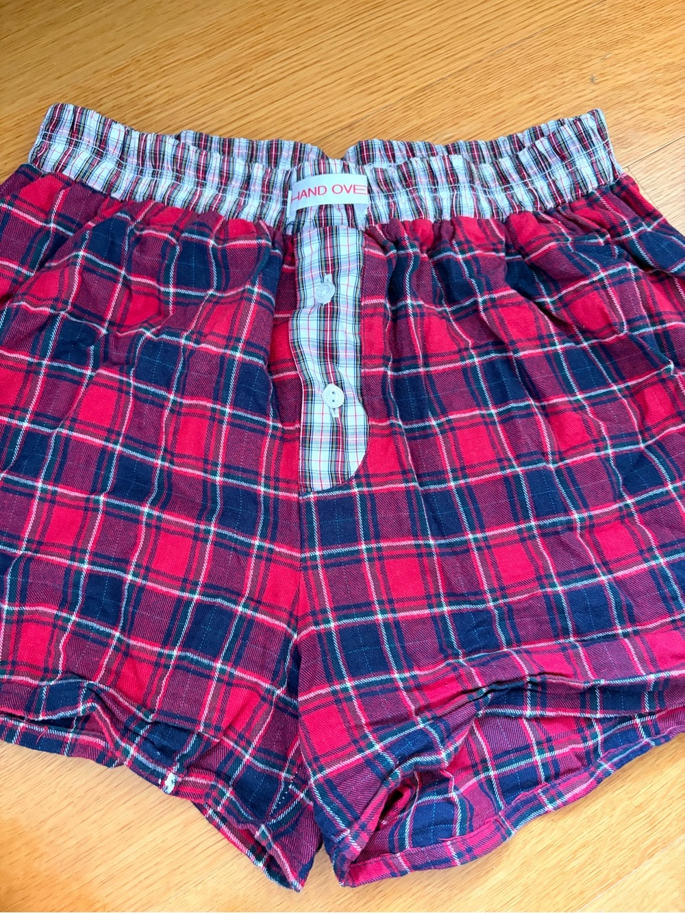 Hand Over Red & Navy Plaid boxer shorts